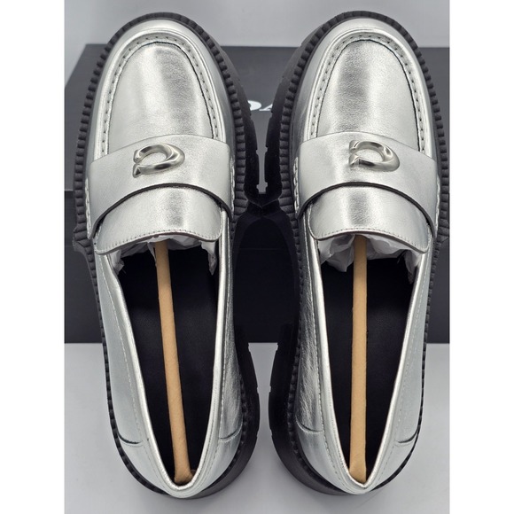 Coach Leah Metallic Leather Silver Loafers Chunky Heel SIZE 8.5 B NEW MSRP $195 main image 14